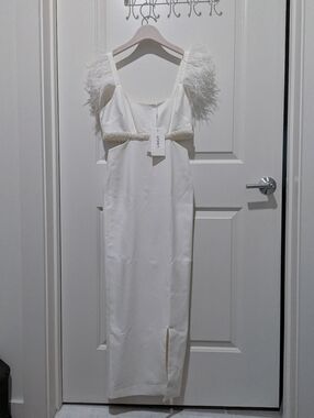 NWT Likely Taliah White Feather-Trim Cutout Midi Dress with Slit